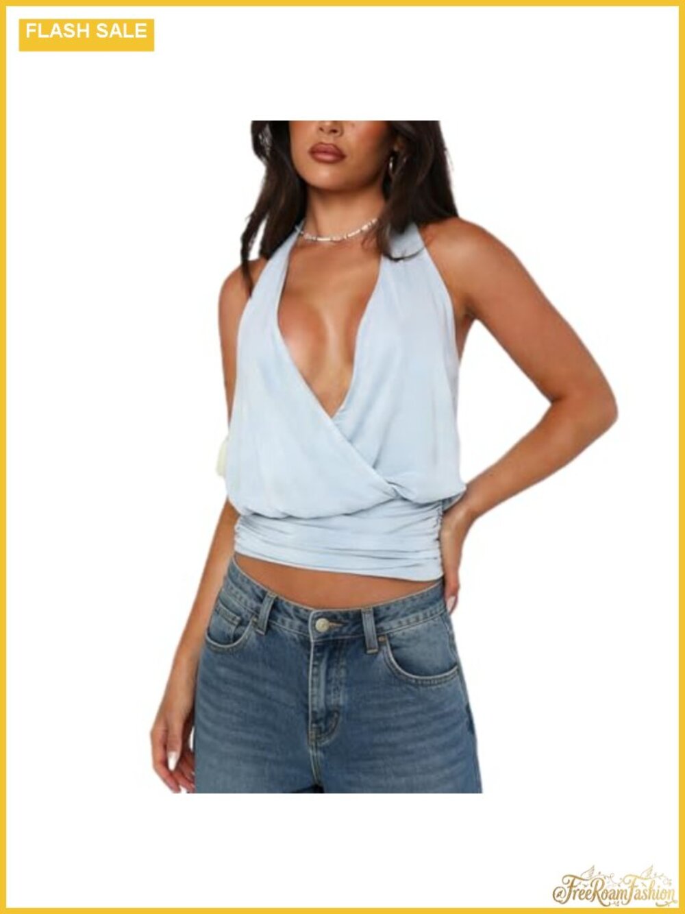 Y2K Plunge Halter Crop Top Cross Wrap Sleeveless Backless Ruched Waist Tank
